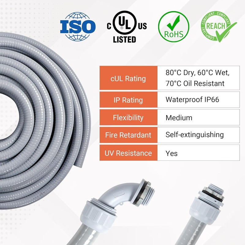 Neorexon Liquid-Tight Conduit 50 ft and 10 Pieces of Connector Kit, Electrical Conduit 1/2 50ft w/UL Certification, Flexible Conduit with 5 Straight and 5 90-Degree Conduit Connector Fittings - Image 4